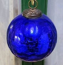 Antique German Kugel Ornament Cobalt Blue Crackle Glass Ball Mercury Brass Cap picture