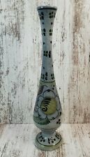 Mexican Pottery Blue Brown Tall Vase Hand Painted Floral Flowers Signed Folk Art picture