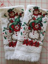 Lot Of 2 Vintage SNOW MAN Terry Cloth Hand Towels w Fringe 11