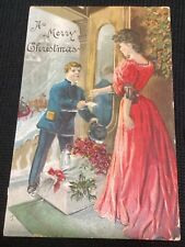1907 Vintage Victorian Christmas Postcard Delivery Boy Woman At Door Antique  picture