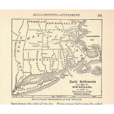 Circa 1890's Early Map Settlements in New England Victorian Engraving 2v1-76a picture