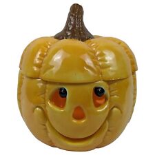 Vintage Ceramic Light Up Pumpkin Jack O Lantern Halloween Orange w/ Lid 80s picture