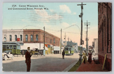 Postcard Neenah Wisconsin Commercial Street 1912 Postmark Trolley Cars Electric picture
