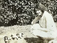 Q1 Photograph Pretty Woman Posing With Cute Adorable Little Puppies Dog 1930-40s picture