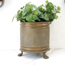 Embossed Antique/Vintage Brass Planter w feet,  6in x 7in Decorative Planter picture