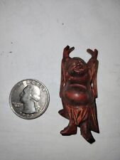 CARVED WOODEN HAPPY LAUGHING BUDDHA FIGURINE WITH RAISED ARMS VINTAGE picture