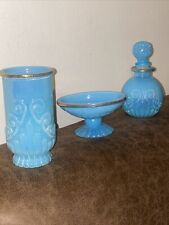 Vintage Avon Bristol Blue Glass Bathroom Vanity Set Soap Perfume Cup gold trim picture