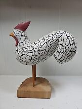 Vtg Handcrafted Wooden Rooster Country Decor White Black 13”T X 12”L Wood Base picture