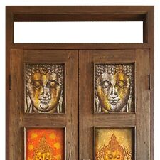 Wood Entrance Door Buddha Painting Thai Local Artist Antique Style Home Decor picture