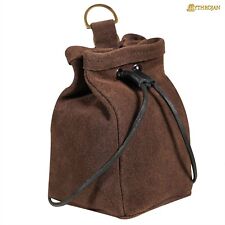 Medieval Leather Pouch Renaissance SCA Belt Bag Drawstring Closure Brown Suede picture