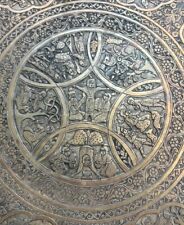 Unique Hand Carved Story 15.5”Copper Tray Detailed Design Middle Eastern picture