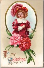 c1910s VALENTINE'S DAY Embossed Postcard Boy (?) w/ Pink & Red Carnations UNUSED picture