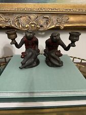 Vintage Pair Bronze/ Brass Metal Monkey Candle Holders picture