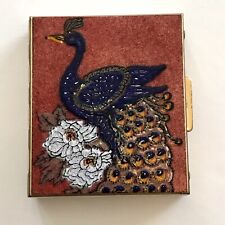 Vintage Enamel Peacock Compact Trinket Stash Box Pill Box 2.5” X 2.75” picture