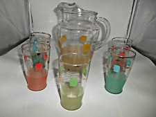 Colorful MCM 64 oz. Pitcher with 5 Matching Tumblers w/Leaf & Flower Accents picture