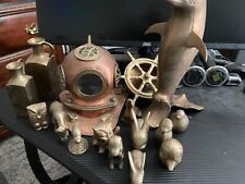 UNIQUE BRASS COLLECTION OF 16 HANDMADE FIGURINES & DIVERS HELMET picture