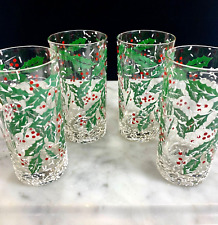 Set 4 Vintage Holly Berry Snow Christmas Highball Tumblers 70s Cocktail Glasses picture