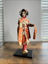 Vintage Midcentury Geisha Doll Japanese Cloth Face Hands Silk Kimono Ornate Hair picture