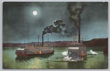 Steamers~Bailey Gatzert & Dalles Lily~Columbia River~Moonlight Scene~Vintage PC picture