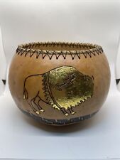 VTG Native American Carved  Gourd Bowl Gold Bison Rope Top Signed RnD 97 6”Tx9.5 picture