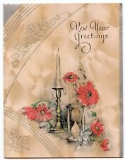Vintage 1930's-40's New Year Greeting Card - Hourglass Candle Flowers picture