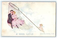 c1905 Valentine Cupid Angel Cached Couple Romance Net Unposted Antique Postcard picture