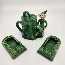 Vintage Treasure Craft Cermic Green Tree Stump w Pixie, Lid and Two Log Ashtrays picture