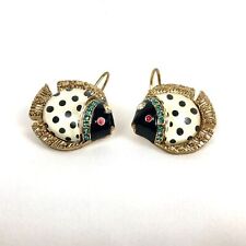 Vintage 1950s Black & White Polka Dot Flounder Rhinestone Glass Bubble Earrings picture