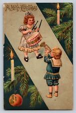 c1915 Old World Children Boy Girl Drum Horn Candles  Christmas  P664 picture