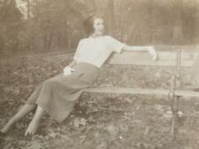 Vintage Photo Beautiful Young Woman Park Bench Long Skirt White Gloves Hat Fashi picture