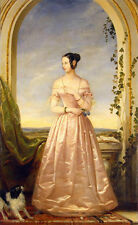 Elegant oil painting young noble lady wearing beautiful dress standing with dog picture