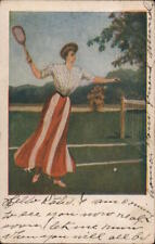 1908 A Woman Playing Tennis Antique Postcard 1c stamp Vintage Post Card picture