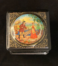 Russian Palekh Lacquer Box - Rare SIGNED Woman in Red Dress at River picture