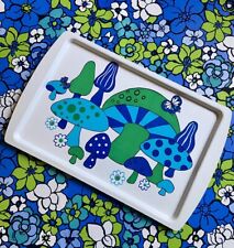Vintage Retro 60s 70s Groovy Mushroom Butterfly Daisy Party Tray Blue Green MOD picture