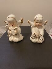 Vintage Kneeling Angels with Hard white porcelain Japan hand painted gold picture