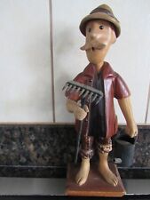 VINTAGE ROMER ITALY WOOD CARVED GARDENER FIGURINE HOLDING RAKE AND WATERING CAN picture