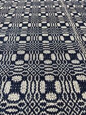 1800's Americana Hand Woven Wool Jacquard Overshot Coverlet Seam Blue 76