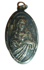 Antique Large Medal Pendant Catholic Silver Jesus Vintage Our Lady Back picture