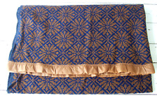 Vintage AMANA Reversible Woven Wool Blanket~Navy/Brown Snowflake~Satin Hem~58x72 picture