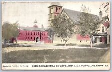 Clarion Iowa~Congregational Church~Parsonage & High School From Lawn~Postcard picture