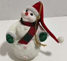 Christmas Ornament Flocked Snowman Red Velvety Sock Hat Green Mittens Rosy Cheek picture