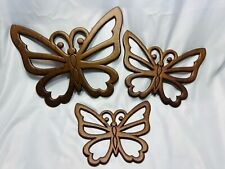 Vintage Butterfly Wall Hanging Decor Set Of 3 Boho MCM Brown Plywood picture