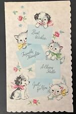 Vintage Birthday Card Adorable Puppies Kittens Flowers Bows Scalloped Edge picture