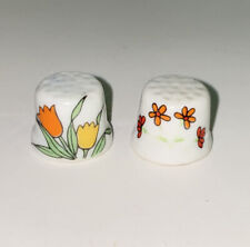 Vintage Bone China Hand Painted Retro Orange & Yellow Floral Thimbles Set of 2 picture