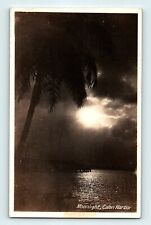 RPPC Moonlight Colon Harbor Panama Palm Tree & Pier Night View Postcard D3 picture