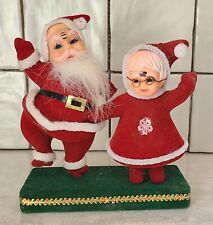 Vintage MCM Felt Flocked Dancing Waving Santa and Mrs. Claus on Base Christmas picture