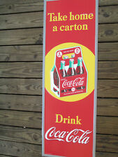 Coca-Cola Tall 54 inch Embossed Steel Sign Red Take Home A Carton Retro picture