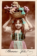 RPPC Child Girl Pastel Tint Costume Curls Basket Studio Greeting P.U.1910 (N101) picture