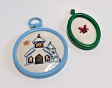 Two Vintage Miniature Framed Cross Stitch Christmas Ornaments, Snowy Church Gift picture
