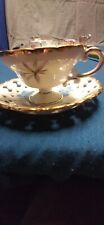 Vintage Cherry China White & gold Floral Iridescent Tea Cup & Reticulated Saucer picture